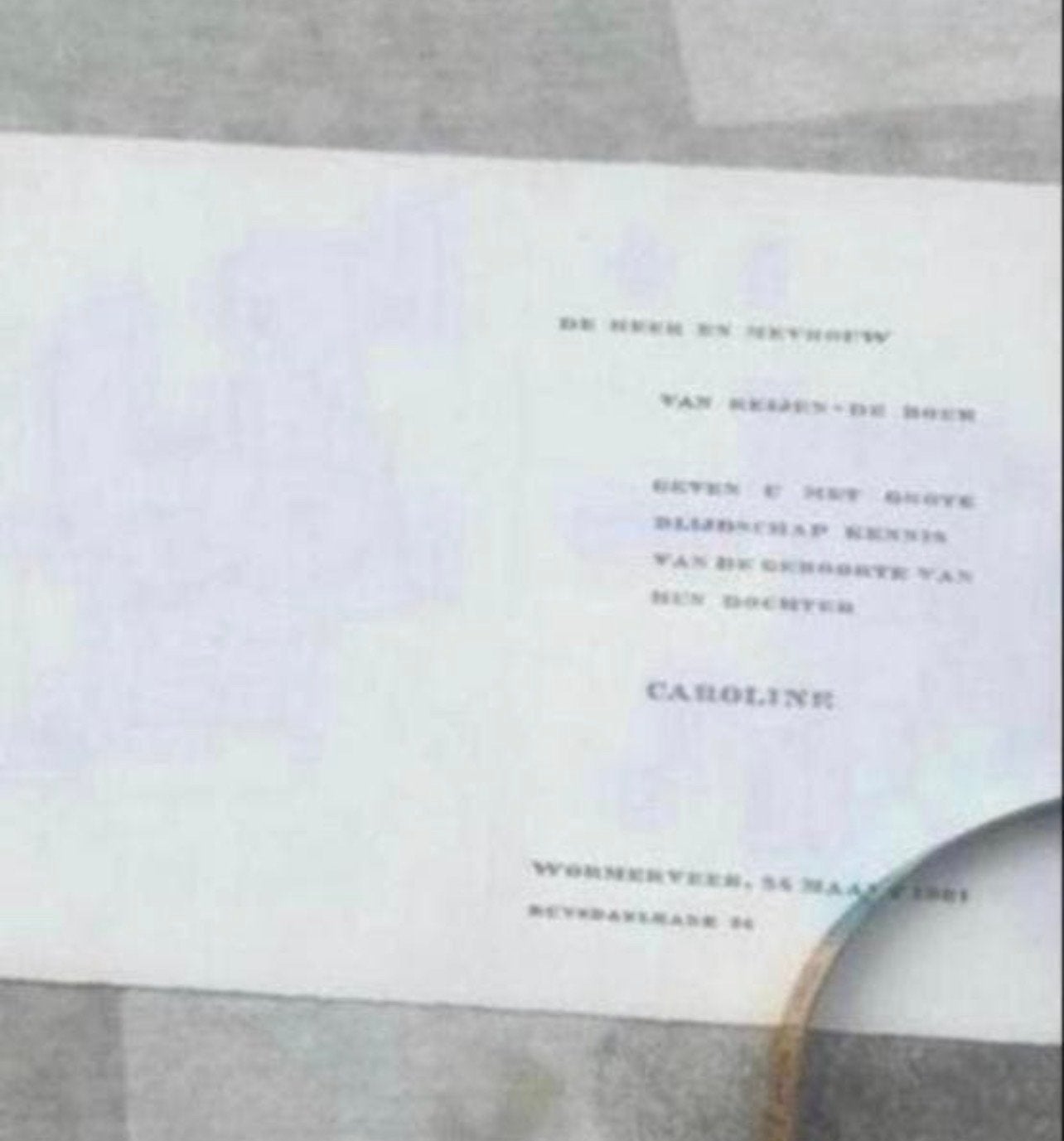 Oud geboortekaartje Caroline, 1961 - In goede staat, Ophalen of Verzenden, Voor 1970, Geboortekaartje