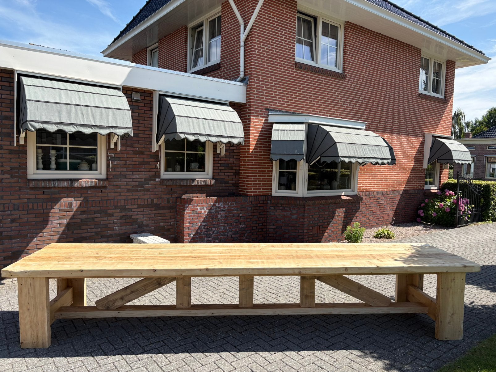 Super stoere robuuste boeren stamtafel van 4,8 meter, Tuin en Terras, Tuintafels, Ophalen of Verzenden, Zo goed als nieuw, Rechthoekig