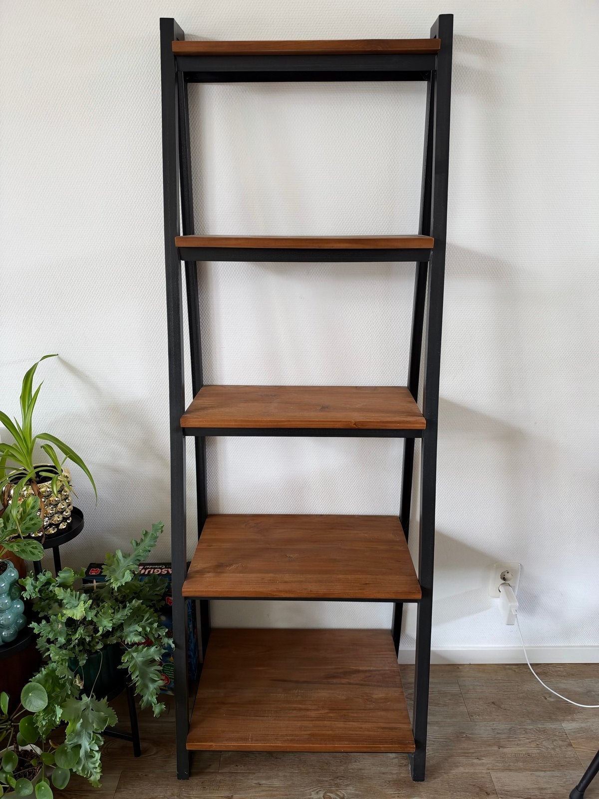 Teak houten wandrek met metalen frame, Ophalen, Met plank(en), Gebruikt, Teakhout
