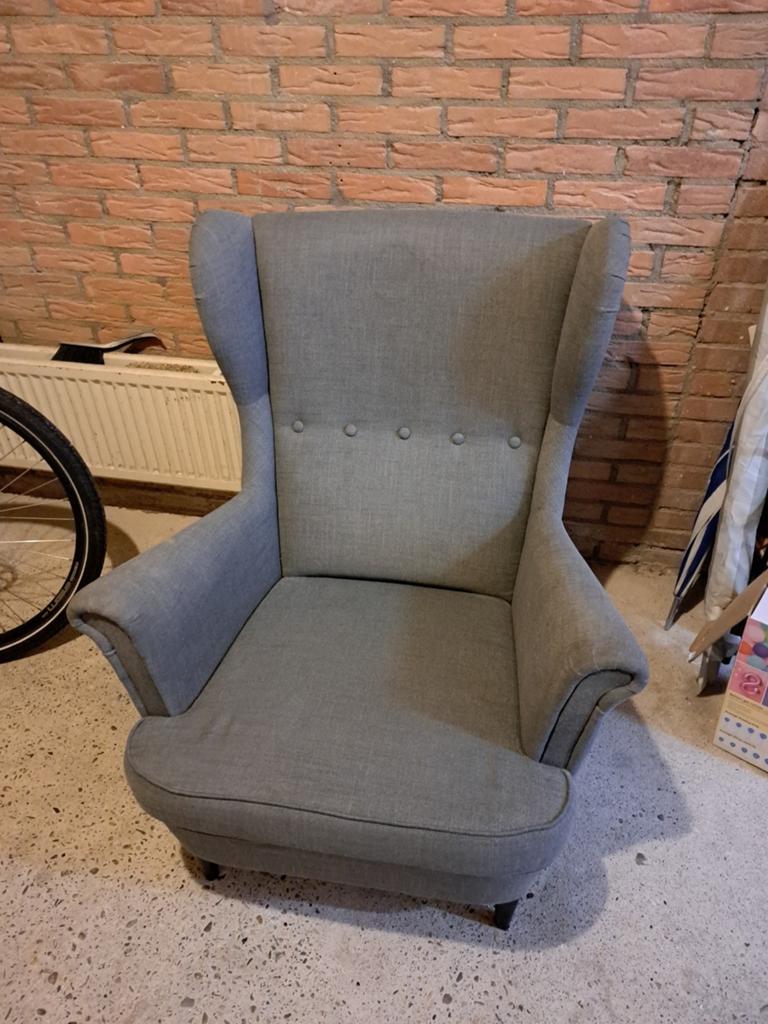 Ikea Strandmon fauteuil, grijs, Huis en Inrichting, Fauteuils, Gebruikt, Hout, Stof, 50 tot 75 cm, Minder dan 75 cm, Ophalen