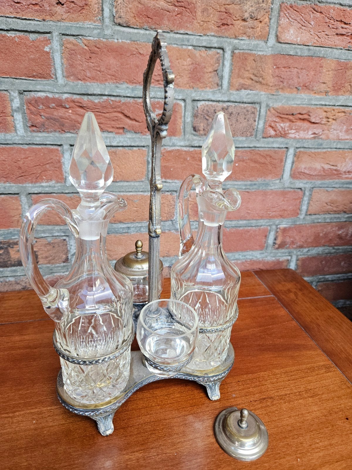 Antieke Olie & Azijnstel met Zoutvaatjes - Kristal & Metaal, Antiek en Kunst, Ophalen of Verzenden