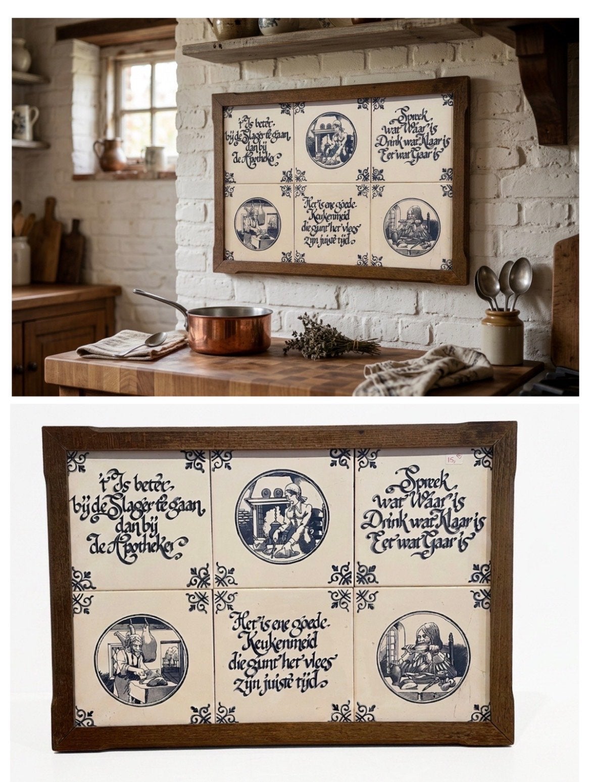 Delfts Blauw Tegeltableau met Spreuken en Keukenmotieven, Ophalen of Verzenden