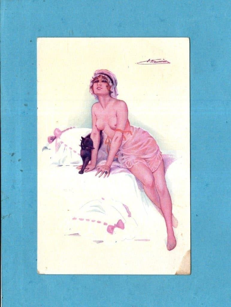 Semi Nude kaart van Suzanne Meunier W384 / Dame met poesje, Verzamelen, Ophalen of Verzenden, Voor 1920, Gelopen, Overige thema's