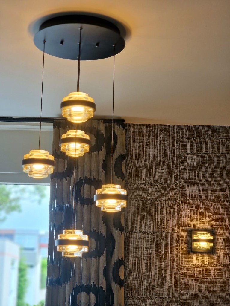 Moderne LED hanglamp en wandlamp set - dimbaar, Ophalen, Zo goed als nieuw, Glas, Modern