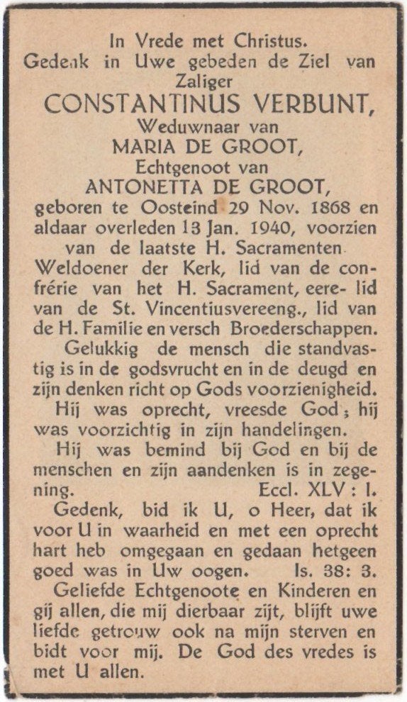 Constantinus Verbunt 1868 Oosteind + 1940 Oosteind, 71 jaar, Ophalen of Verzenden
