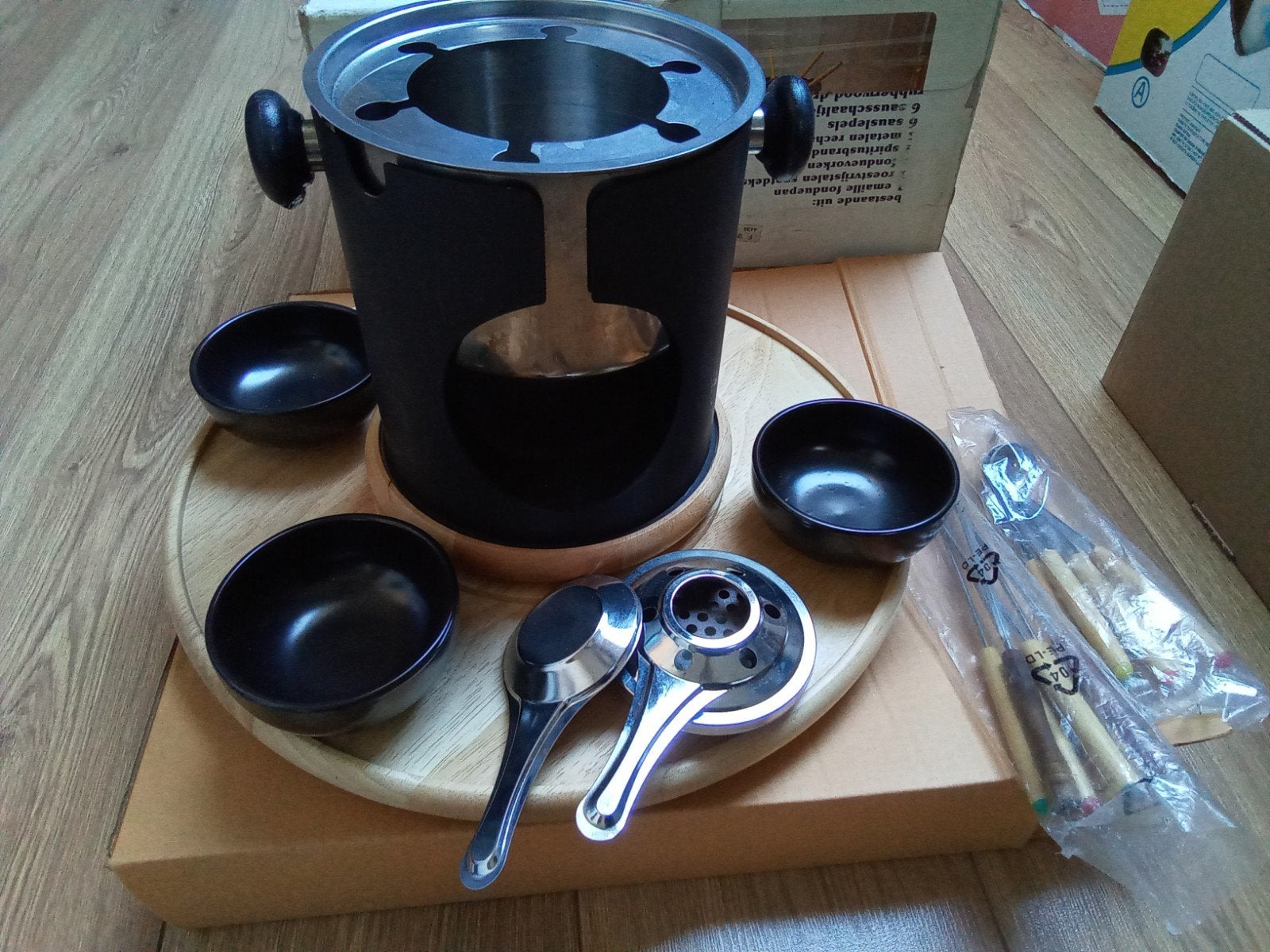Fondueset lazy Susan mis alleen twee zwarte kommetjes, Ophalen of Verzenden, Zo goed als nieuw, Brander, Fondueset