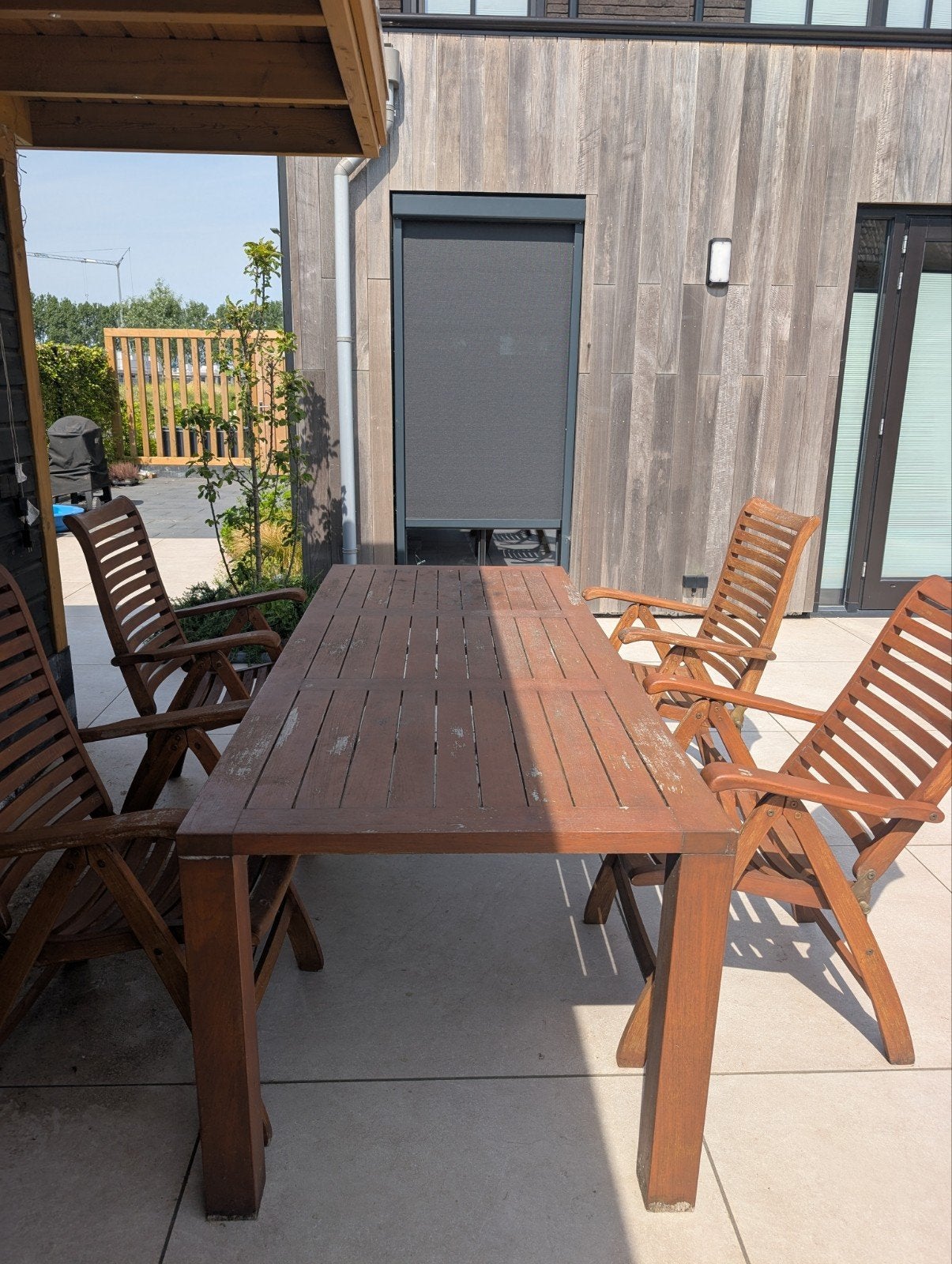 Teakhouten tuinset met tafel en 4 stoelen, Tuin en Terras, Ophalen, 4 zitplaatsen, Gebruikt, Teakhout