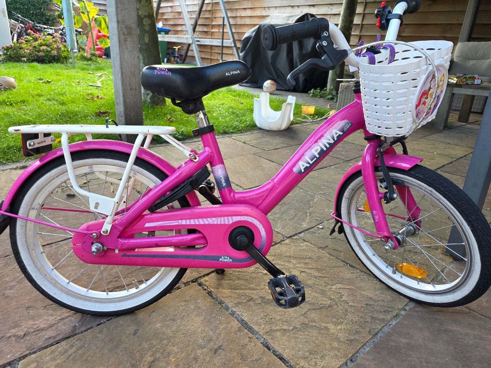 Alpina kinderfiets (16inch)  roze met mandje en bagagedrager, Ophalen, Velgrem, Alpina, 16 tot 20 inch