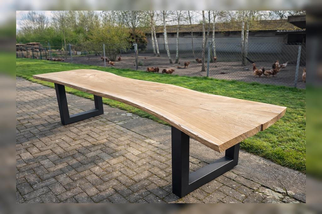 Massief eiken boomstamtafel – 320 cm – unieke eyecatcher, Eikenhout, Vijf personen of meer, Rechthoekig, Nieuw