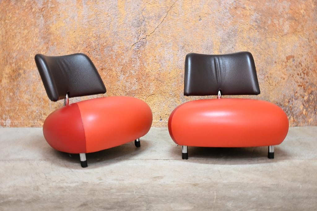 Als NIEUW! 2 rode leren Leolux Pallone design fauteuils