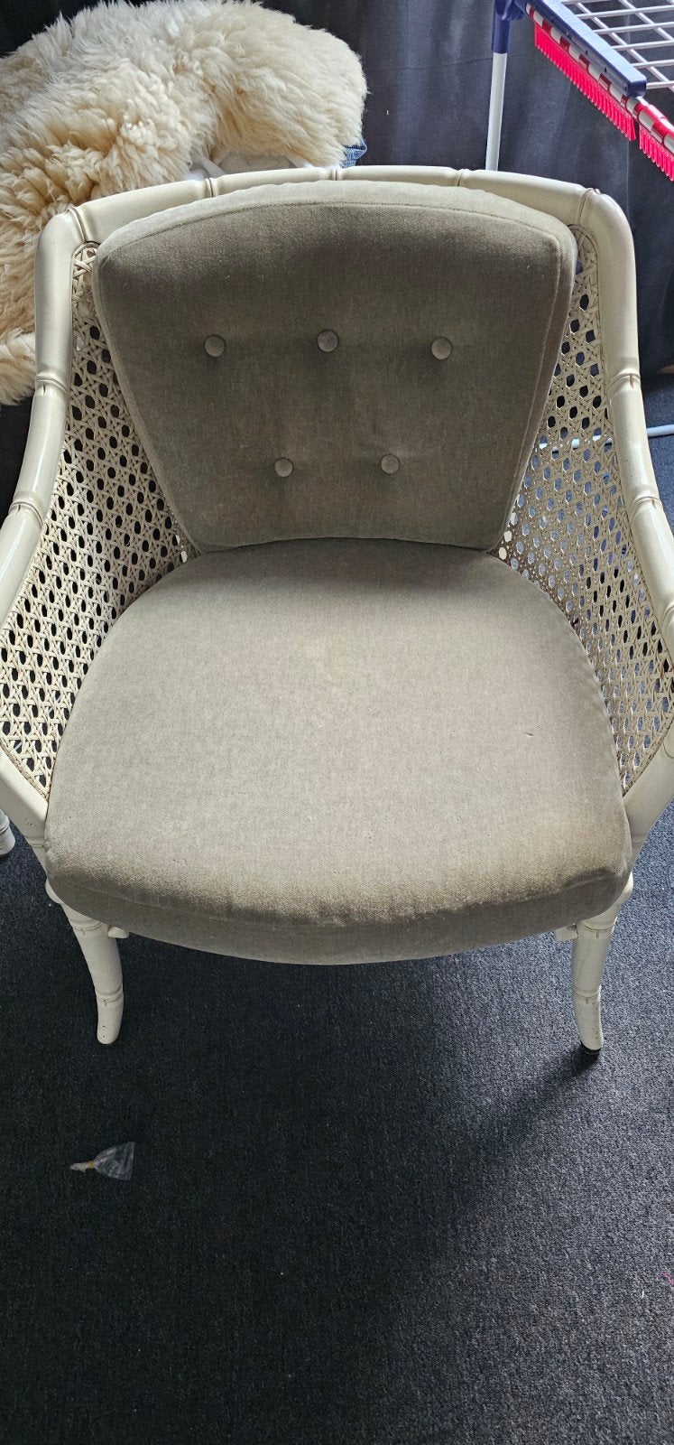 Vintage rotan fauteuil met webbing en kussen, Ophalen