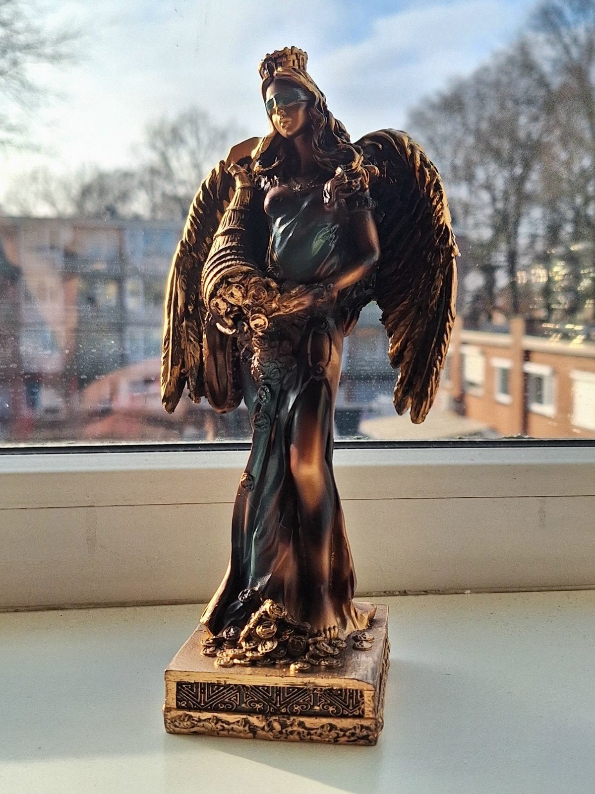 Prachtig bronzen beeld van engel met hoorn des overvloeds, Ophalen of Verzenden, Zo goed als nieuw, Religie