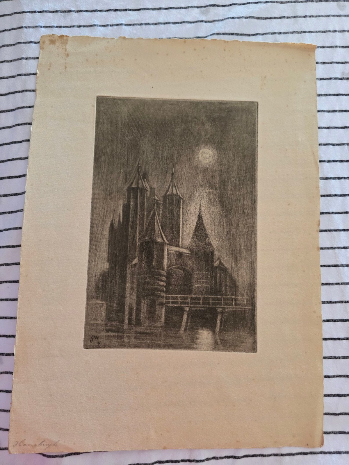 sfeervol verlichte ets van de Amsterdamse Poort Haarlem, Ophalen of Verzenden