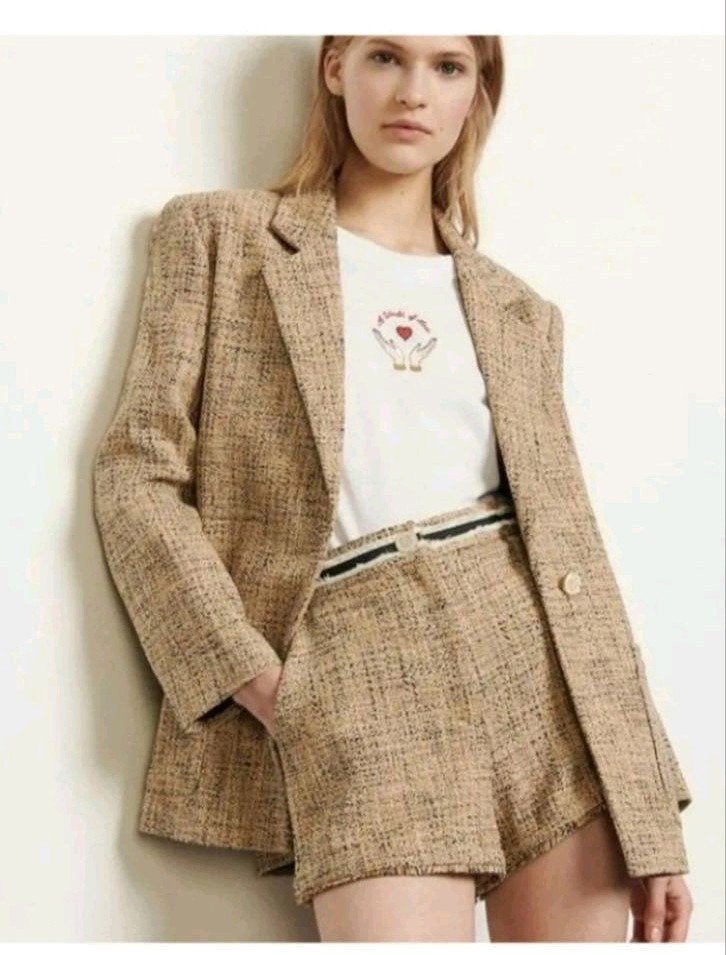 Sandro set blazer+ broekje als nieuw €489, Ophalen of Verzenden, Zo goed als nieuw, Beige
