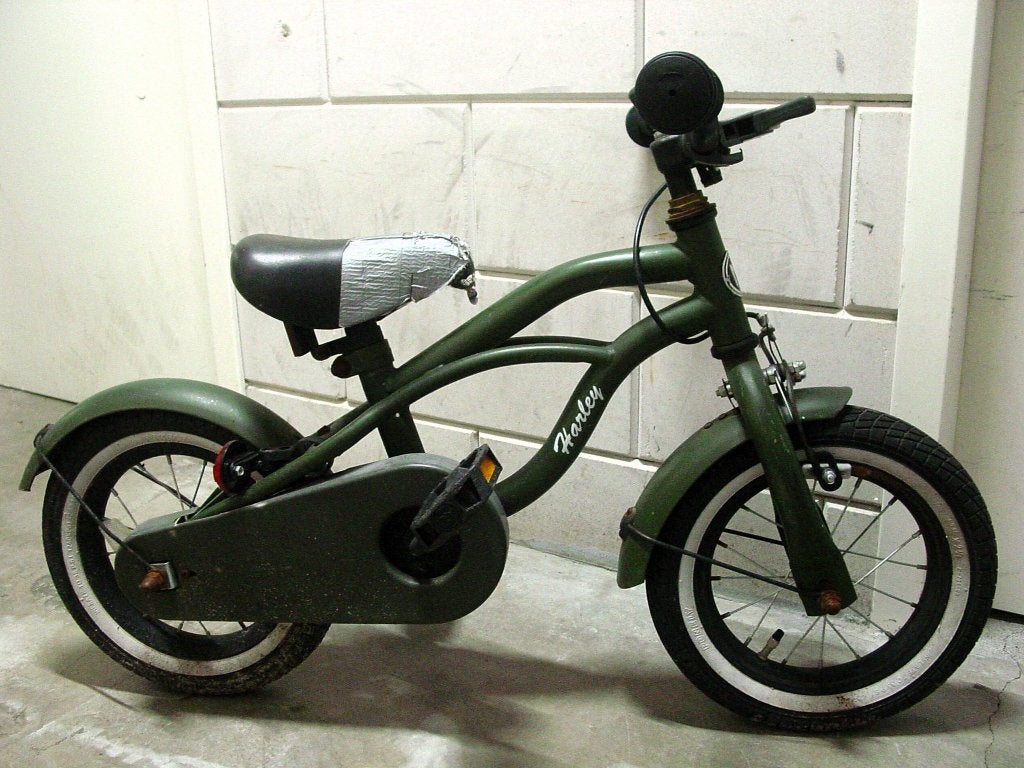 Nogan Harley 12-inch kinderfiets legergroen opknappertje, Ophalen, Gebruikt, Minder dan 16 inch, Terugtraprem