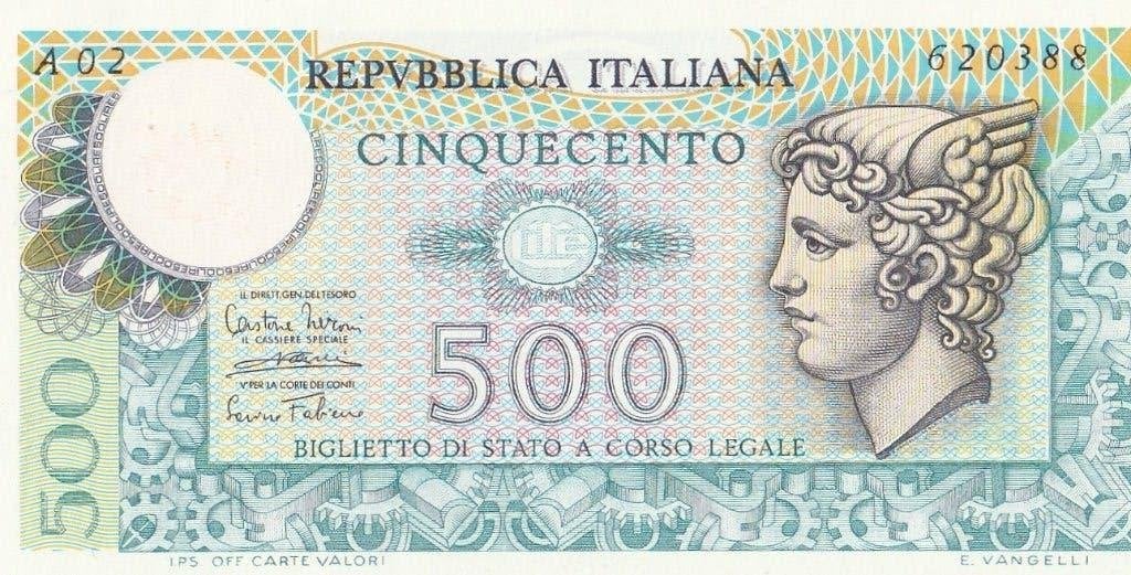 Het bankbiljet van 500 lire uit 1974 unc Mercurio"-serie,, Postzegels en Munten, Ophalen of Verzenden, Italië, Los biljet