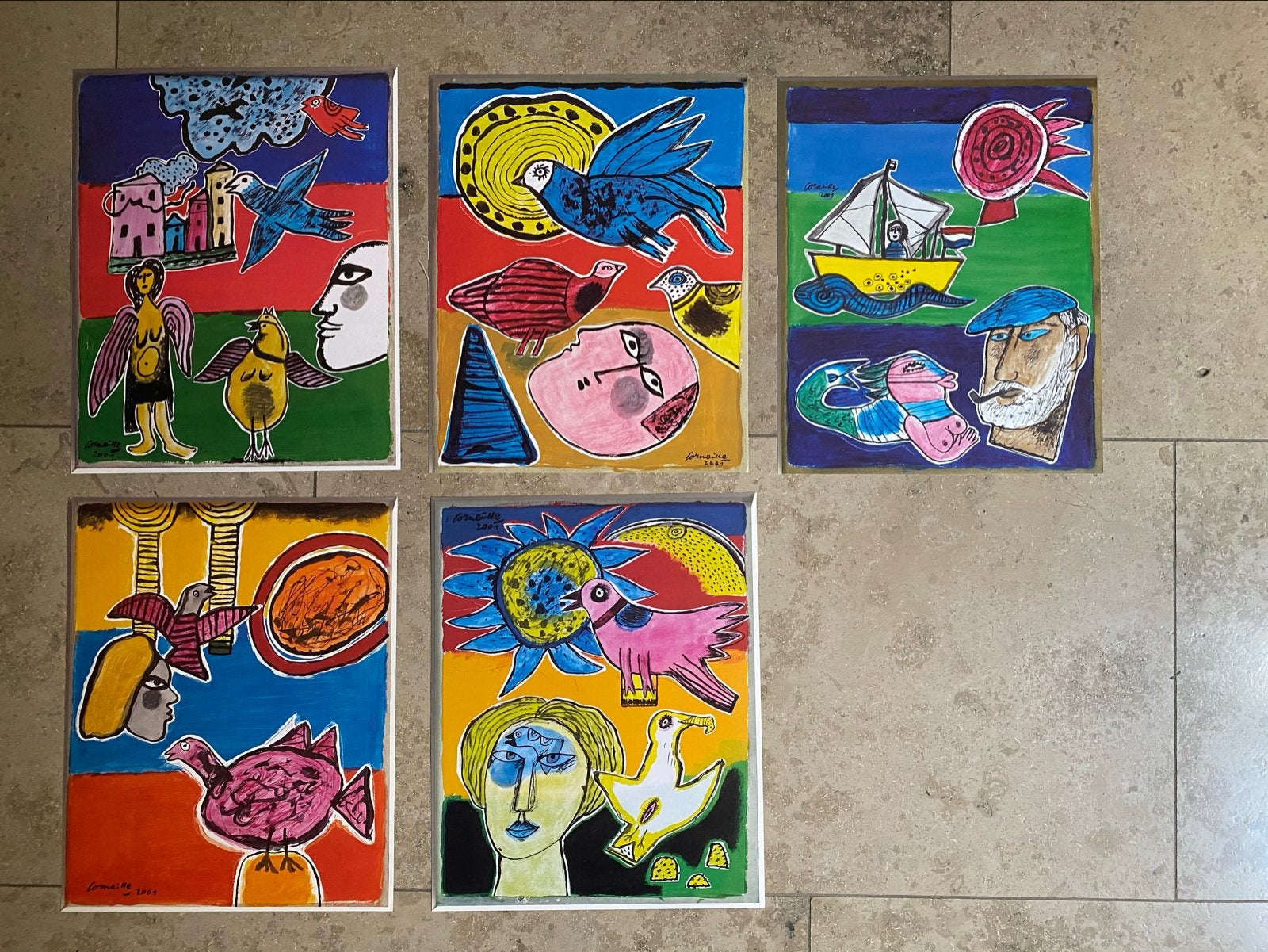 Set van 5 Corneille prints/- 36x29 cm - 2007, Ophalen, Doek, Expressionistisch, Dieren