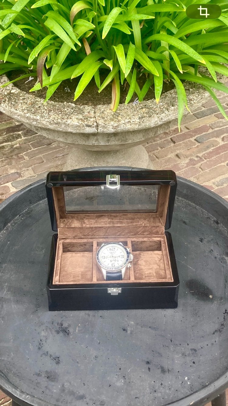 Zwarte Pianolak Horloge Opbergbox + JetSet Horloge, Ophalen, Zo goed als nieuw