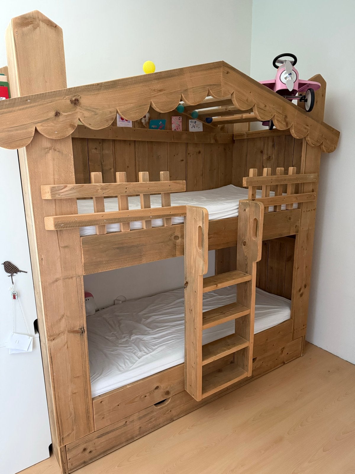 Uniek stapelbed van steigerhout met opbergruimte, Ophalen, Gebruikt, 90 cm, Tweepersoons