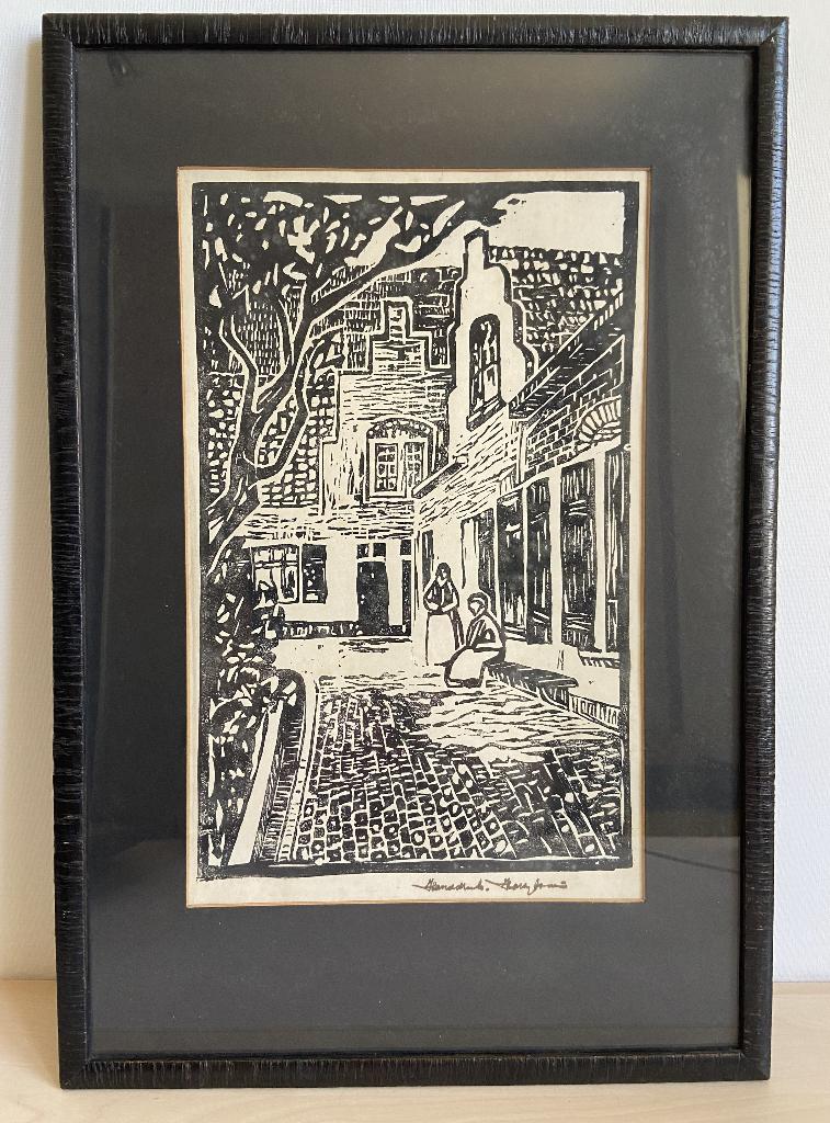 Houtsnede Houtdruk Handdruk Binnenplaatsje 53 x 36 cm, Ophalen of Verzenden, Voor 1940, Gebruikt, Overige onderwerpen
