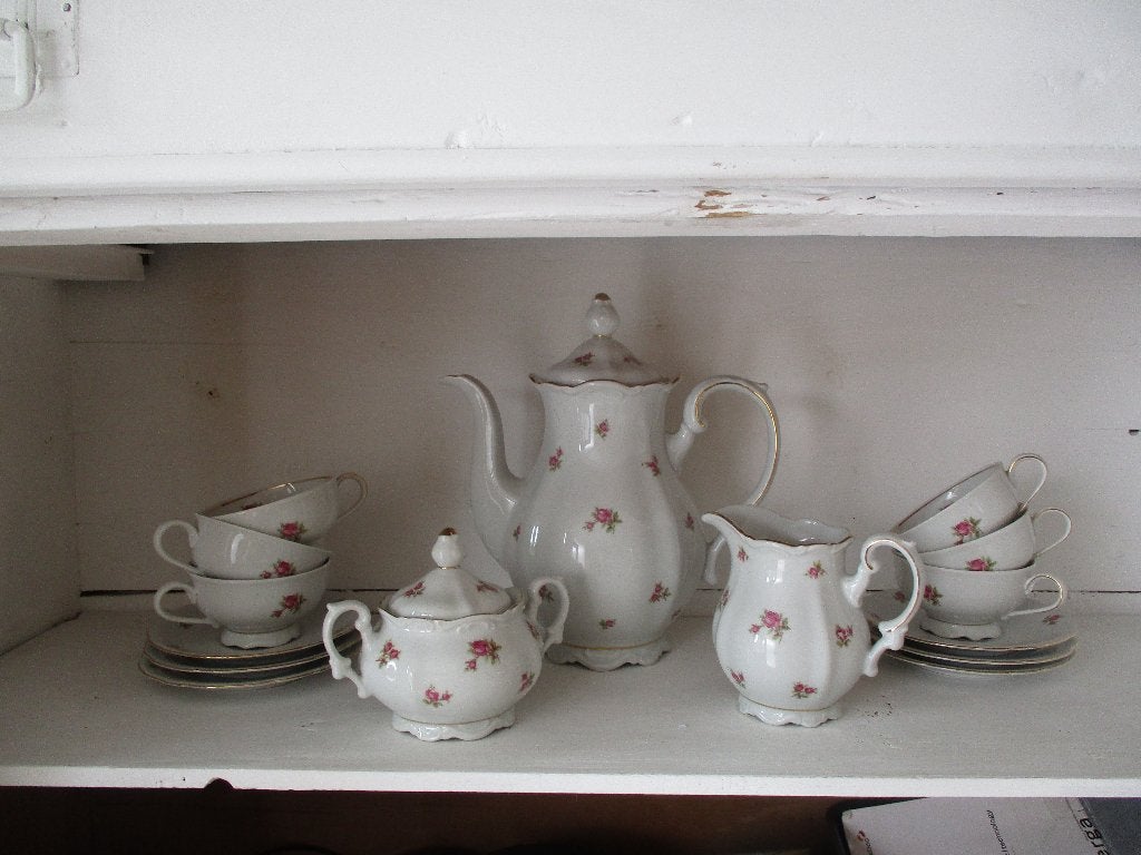 brocante 6 persoons koffie servies met roosjes, Ophalen of Verzenden