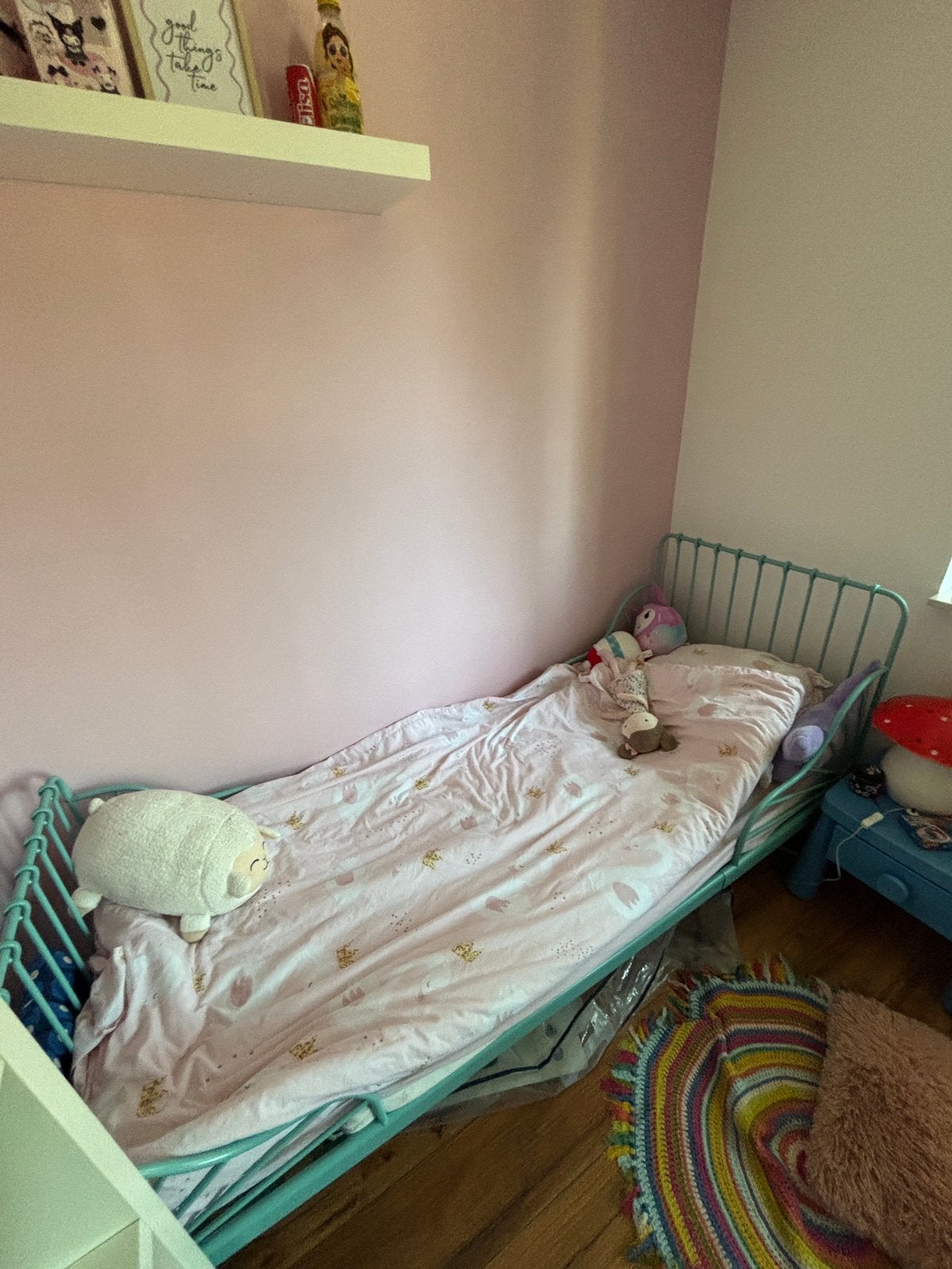 Ikea peuterbed Minnen meegroeibed blauw met Aerosleep matras, Ophalen, 70 tot 85 cm, Zo goed als nieuw, Matras