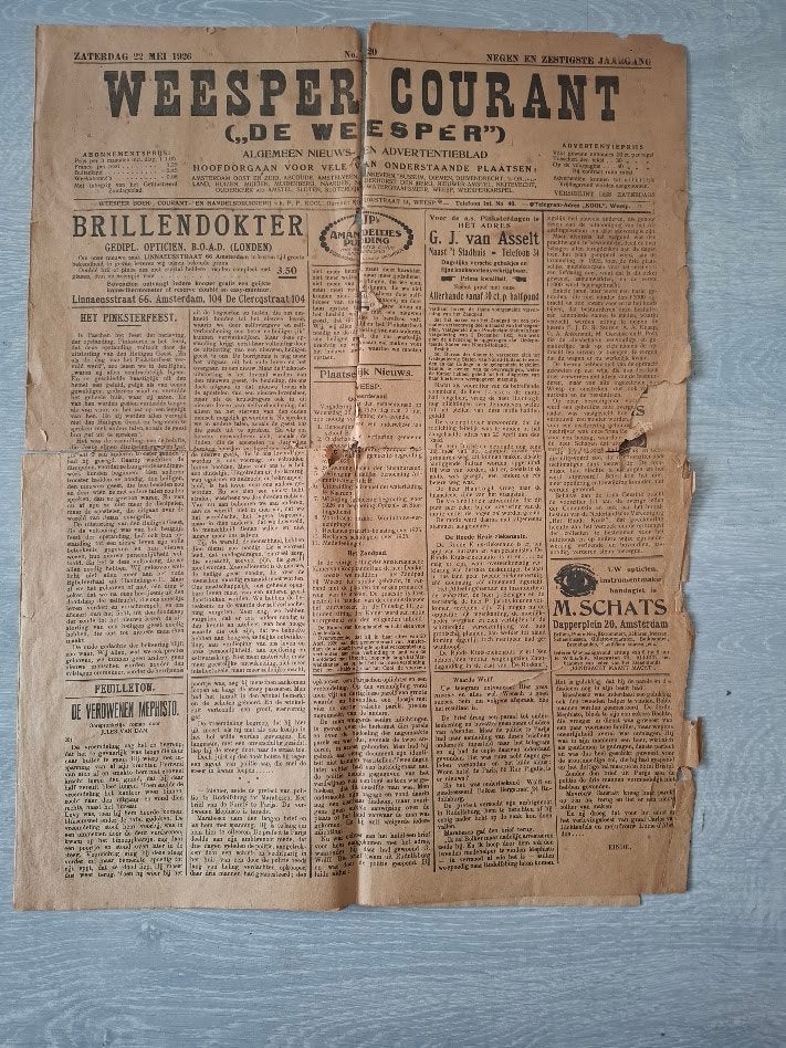 Originele Weesper Courant van 22 mei 1926, Ophalen of Verzenden, Gelezen, Krant