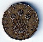 3  pence  1948   Engeland. km. 849, Ophalen of Verzenden, Overige landen, Losse munt