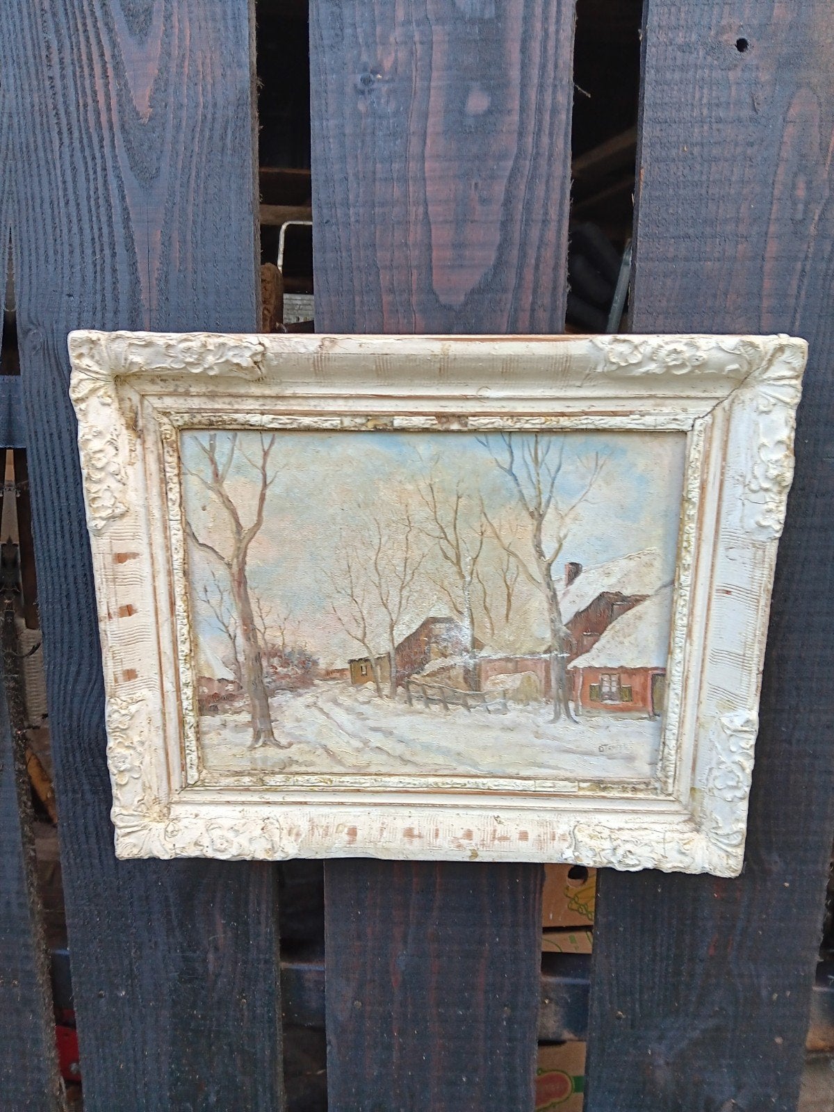 Schilderij Winterlandschap - Gesigneerd D. Terpstra, Doek, Ophalen of Verzenden, Gesigneerd, Olieverf