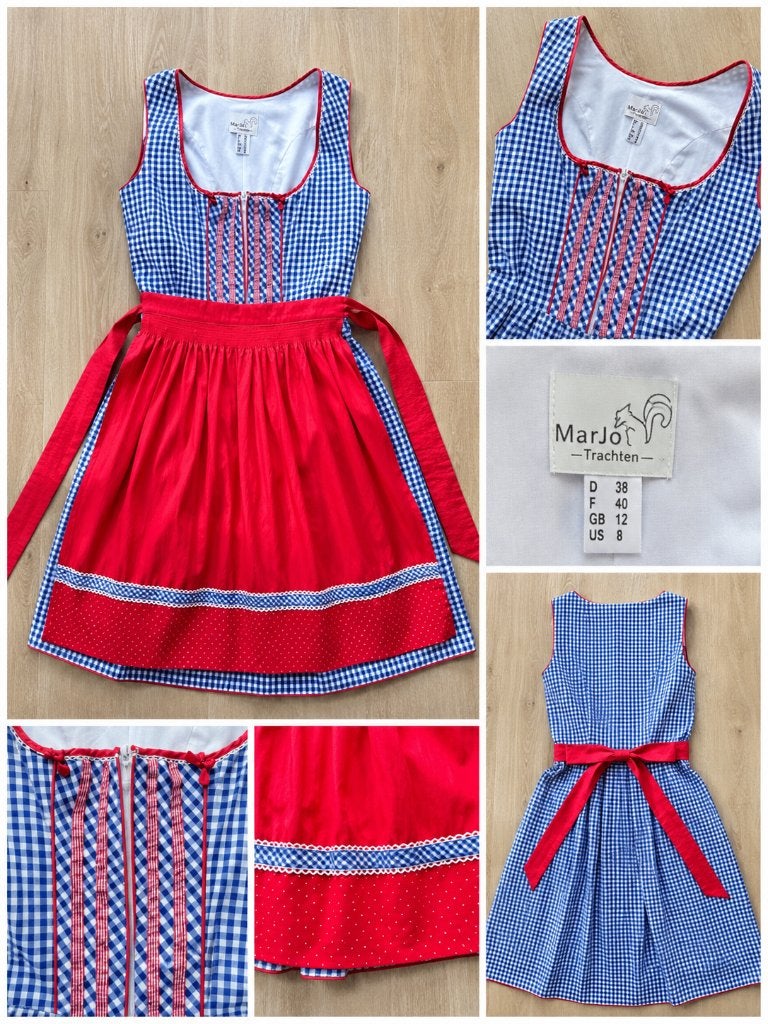 MarJo-dirndl blauw-wit geruit met rode schort, maat 38, Maat 38/40 (M), Blauw, Marie Jo, Ophalen of Verzenden