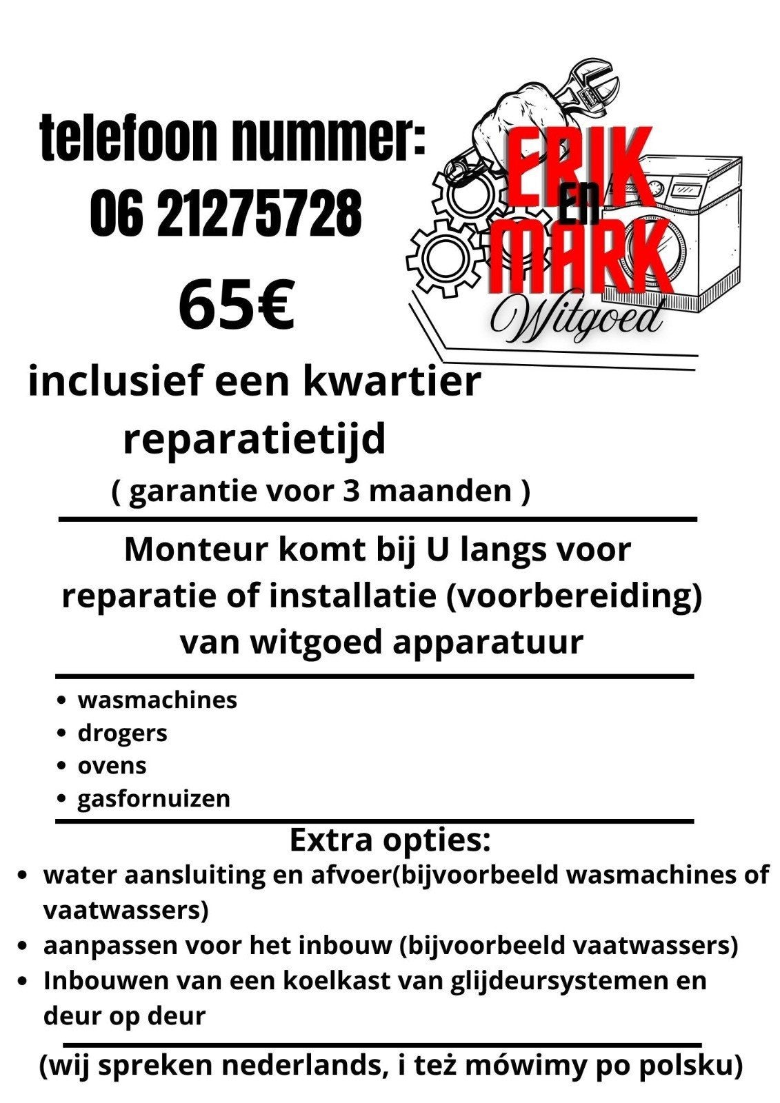 Witgoed-Warmenhuizen aansluiting en reparatie, Diensten en Vakmensen, Reparatie en Onderhoud | Witgoed en Apparatuur, Komt aan huis