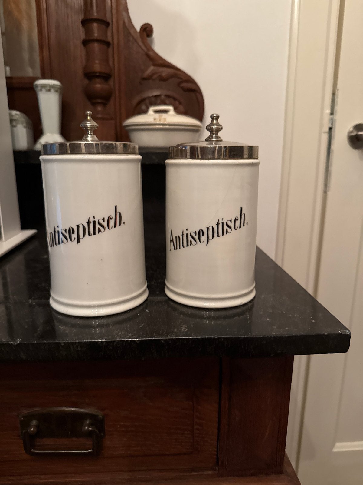 Antieke apothekerspotten "Antiseptisch" (set van 2), Antiek en Kunst, Ophalen
