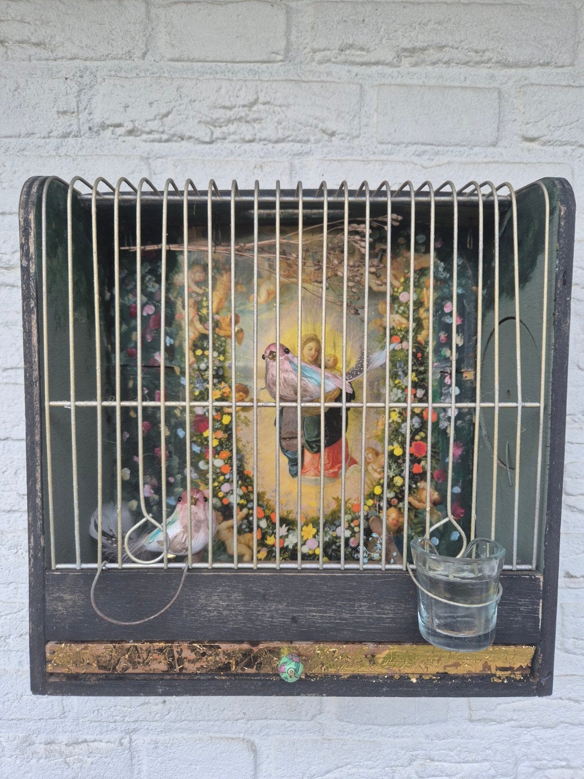Decoratieve vogelkooi met religieuze afbeelding, Ophalen of Verzenden