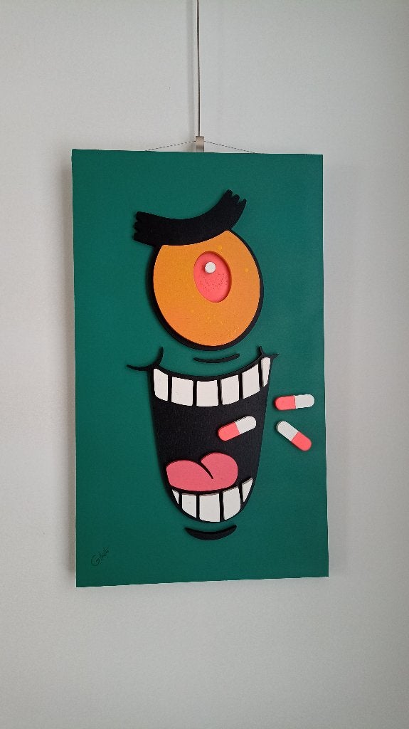 3D Cartoon Pop Art 32x60 cm, Handgemaakt, Wandsculptuur, Hout, Meerkleurig