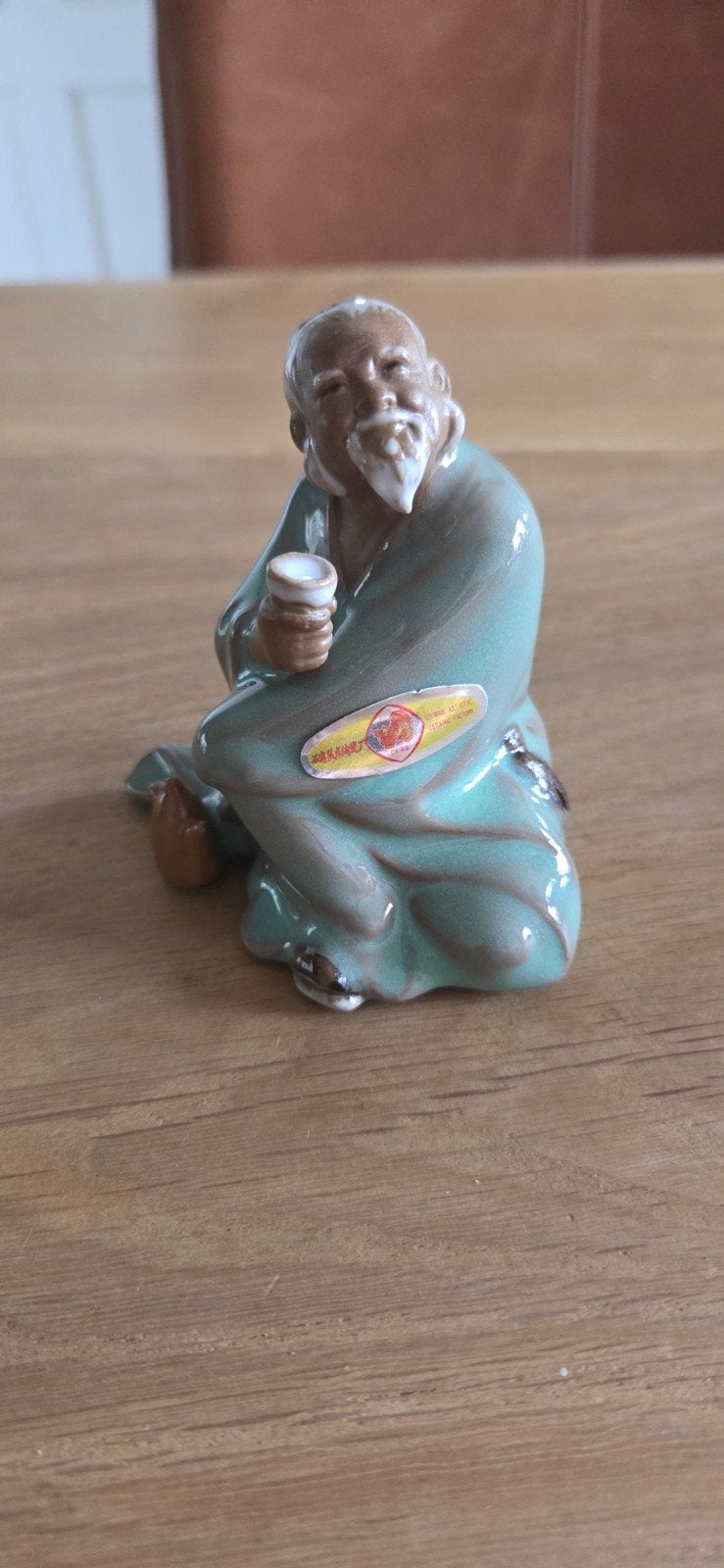 Vintage Shiwan Chinees Keramiek Beeldje - Mudman Celadon Gro, Ophalen of Verzenden, Zo goed als nieuw, Steen/keramiek, 8 cm