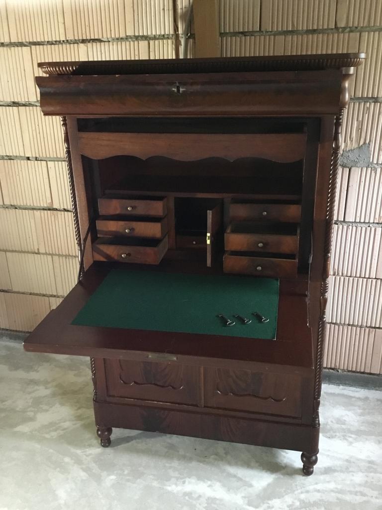 Antieke Secretaire - Mahoniehout met Groen Lederen Inleg, Huis en Inrichting, Ophalen, Gebruikt