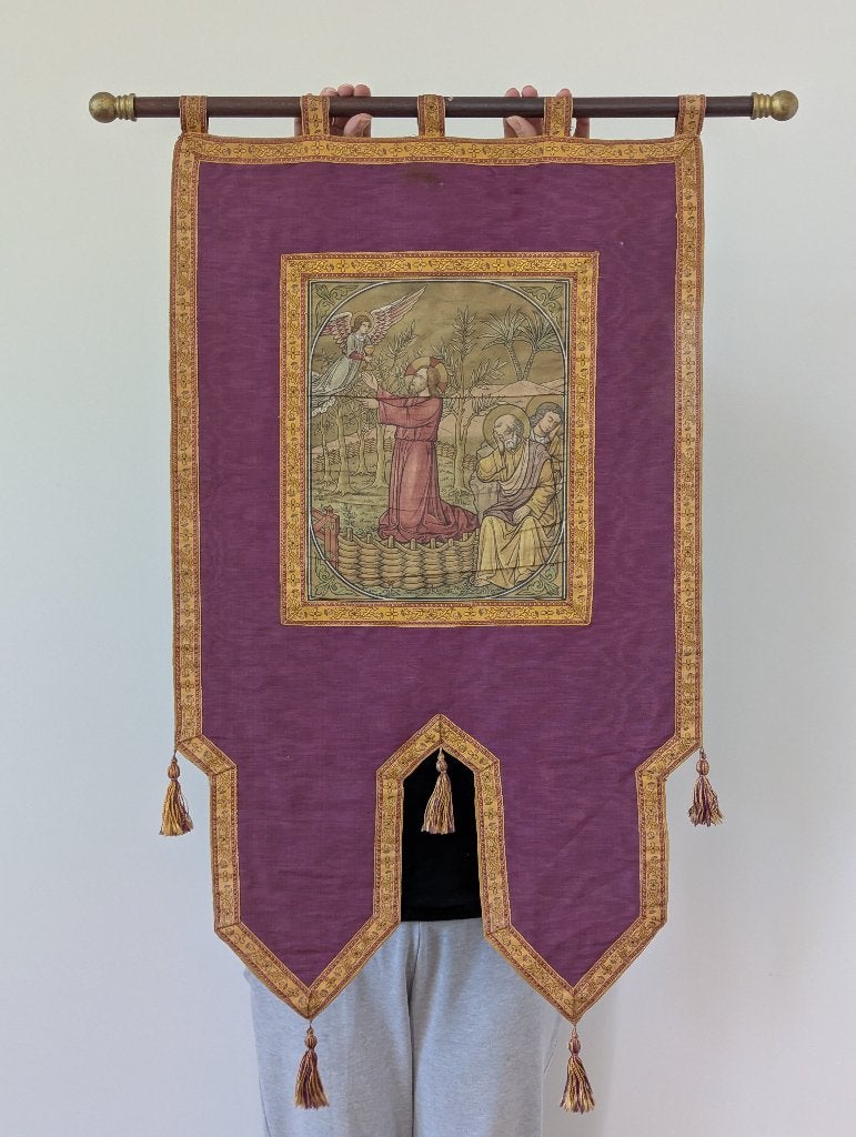 Antiek paars processievaandel Hof van Getsemane (ca. 100 cm), Antiek en Kunst, Ophalen of Verzenden