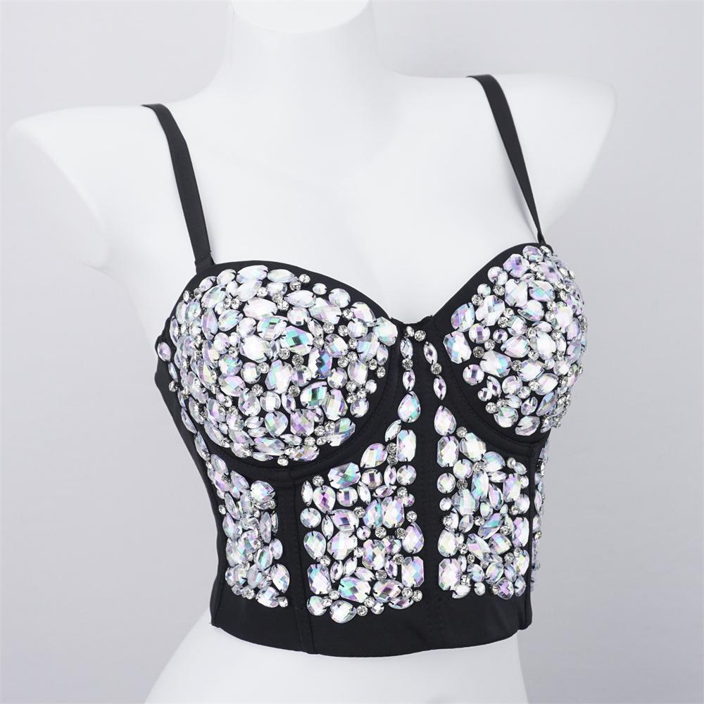 Zwarte glitter dames korset top / strass crop topje festival, Maat 38/40 (M), Verzenden, Zwart, Nieuw