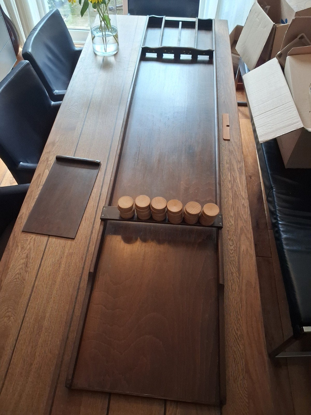 Vintage sjoelbak Spel 2 meter 30 schijven, Vijf spelers of meer, Ophalen of Verzenden, Gebruikt