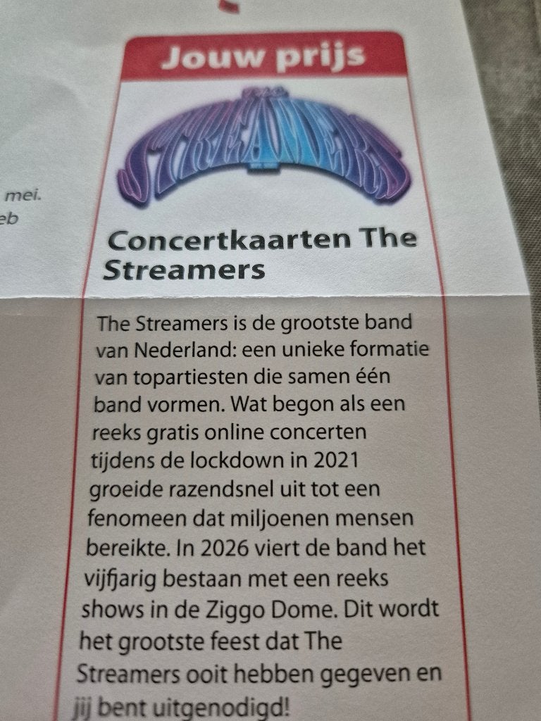 THE STREAMERS TICKETS 2026 2 KAARTEN ZIGGO DOME AMSTERDAM, Twee personen, September, Levenslied