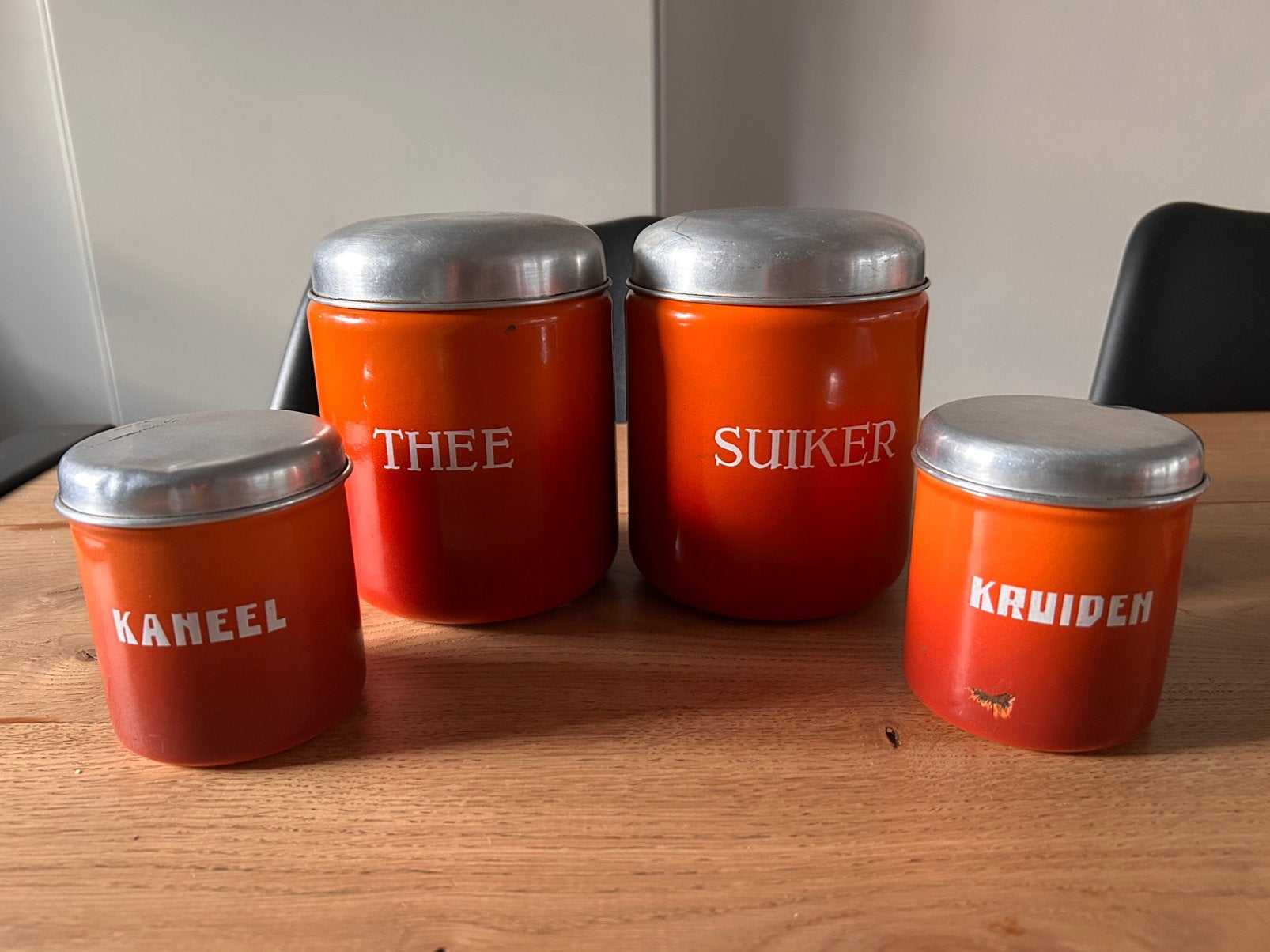 Oude emaille voorraadblikken oranje, Antiek en Kunst, Ophalen of Verzenden