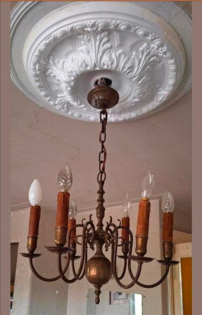 Antieke bronzen kroonluchter met 5 kaarslampen, Ophalen of Verzenden
