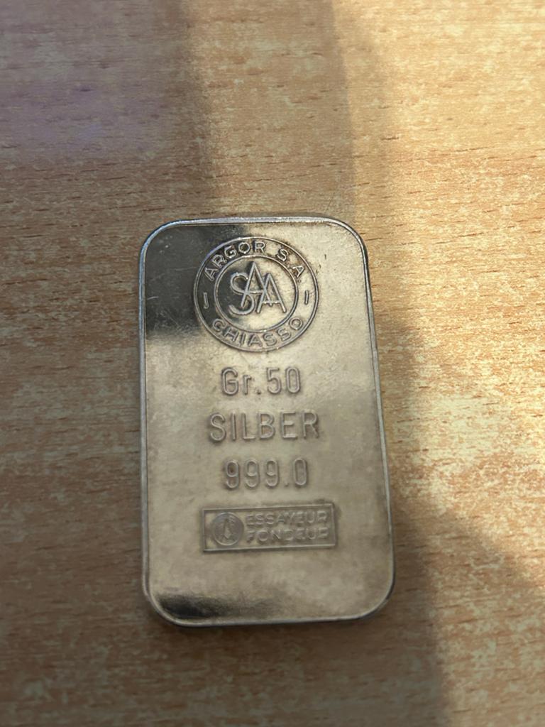 50 gram Argor S.A. Chiasso Zilverbaar 999.0, Postzegels en Munten, Edelmetalen en Baren, Zilver, Ophalen of Verzenden