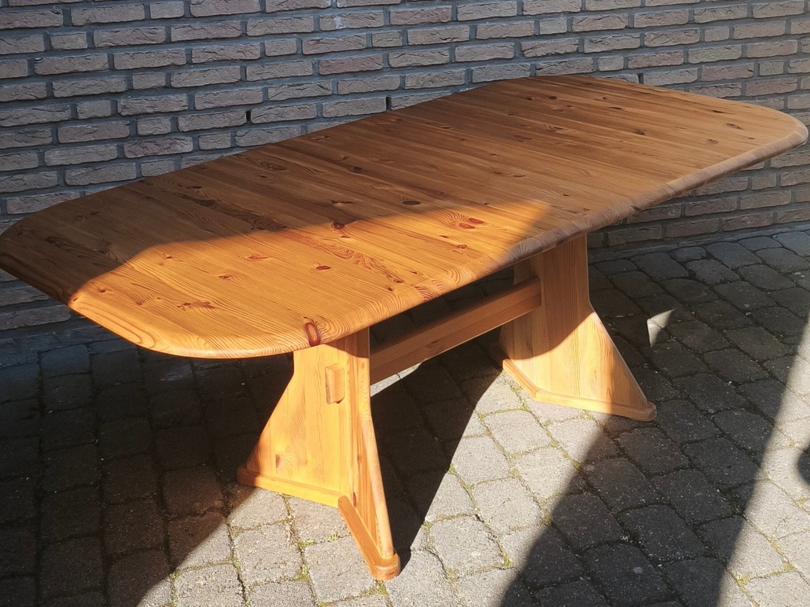 Deense massief grenen uitschuifbare eettafel, Ophalen, Gebruikt, 50 tot 100 cm, Vijf personen of meer