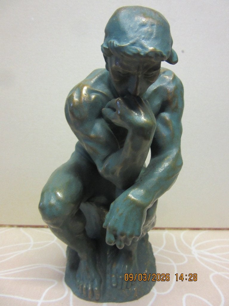 Bronzen beeldje 'De Denker' - Auguste Rodin stijl, Groen, Ophalen of Verzenden, Natuurlijk materiaal, Klassiek
