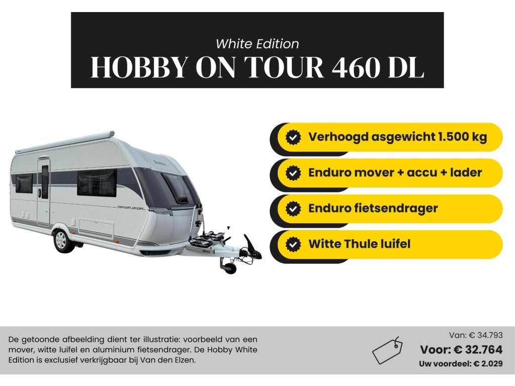 Hobby On Tour 460 DL White Edition Actiepakket, Caravans en Kamperen, Caravans, Standaardzit, Hobby, Bedrijf, Tot en met 3