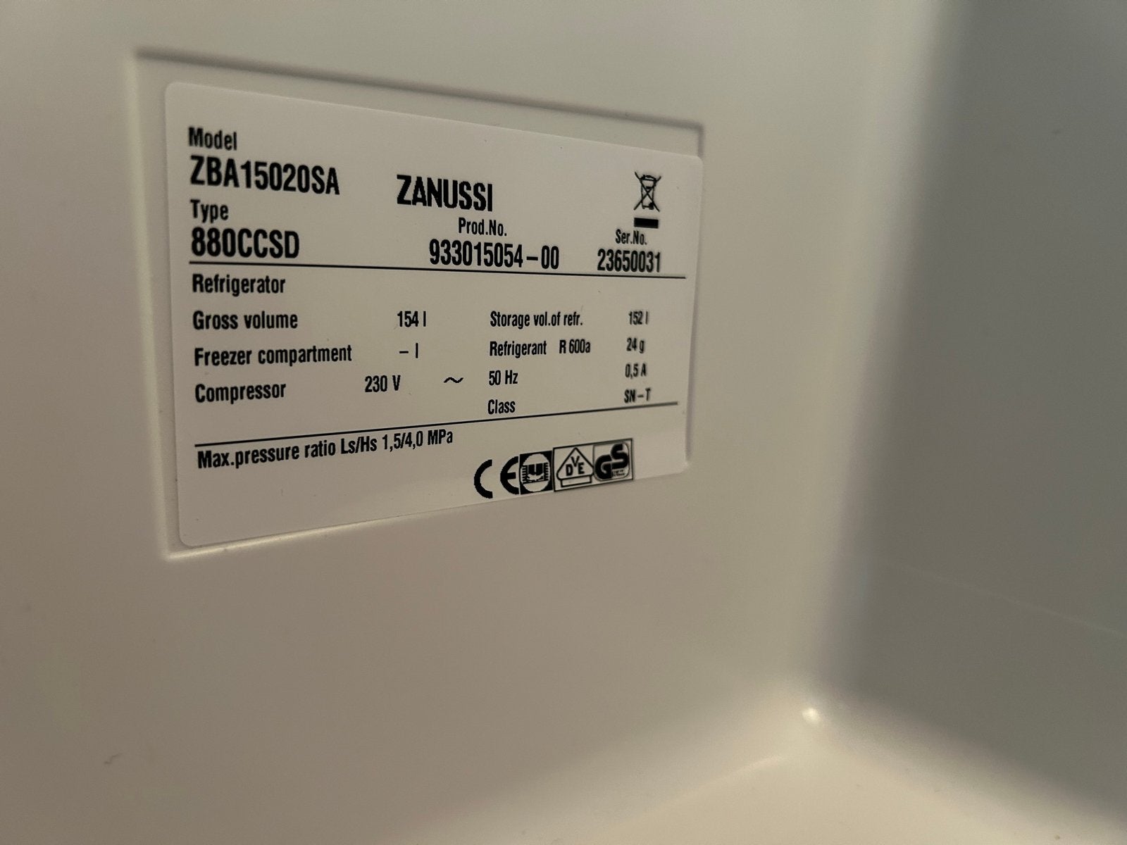 Zanussi Inbouw Koelkast ZBA15020SA A+ Class, Ophalen, 150 tot 200 liter, 120 tot 140 cm, Energieklasse A of zuiniger