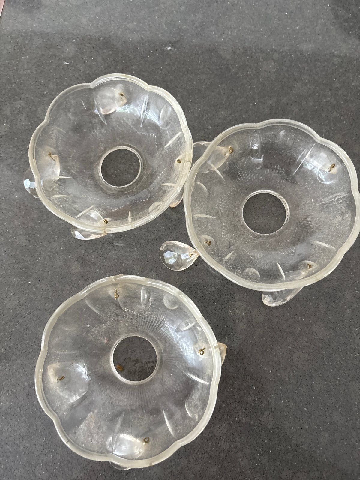 Set van 3 vintage glazen bobeches/schaaltjes met kristallen, Ophalen of Verzenden