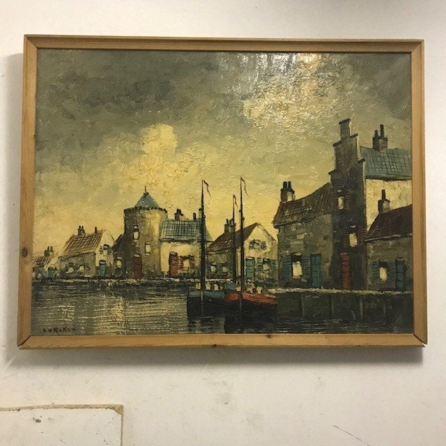 Schilderij 'Havengezicht, huisjes en boten'....waar ?, Ophalen, Maritiem / water, Doek, Ingelijst