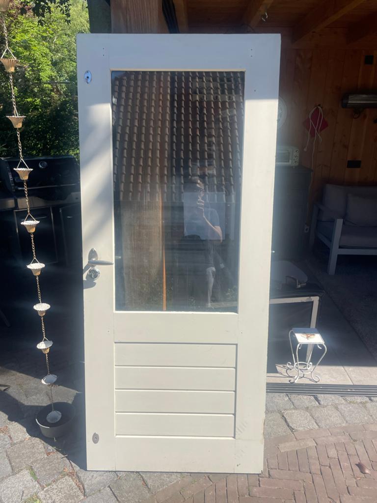 Houten buitendeur met glas, groen/wit, 85x198 cm, Ophalen, Gebruikt, 80 tot 100 cm, Minder dan 200 cm
